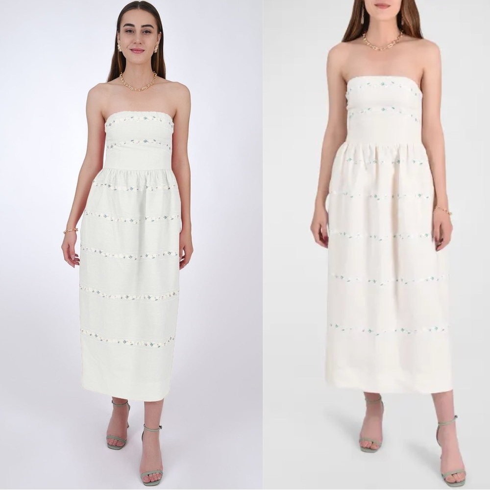 Fanm Mon Strapless White Midi Dress with Floral Embroidery